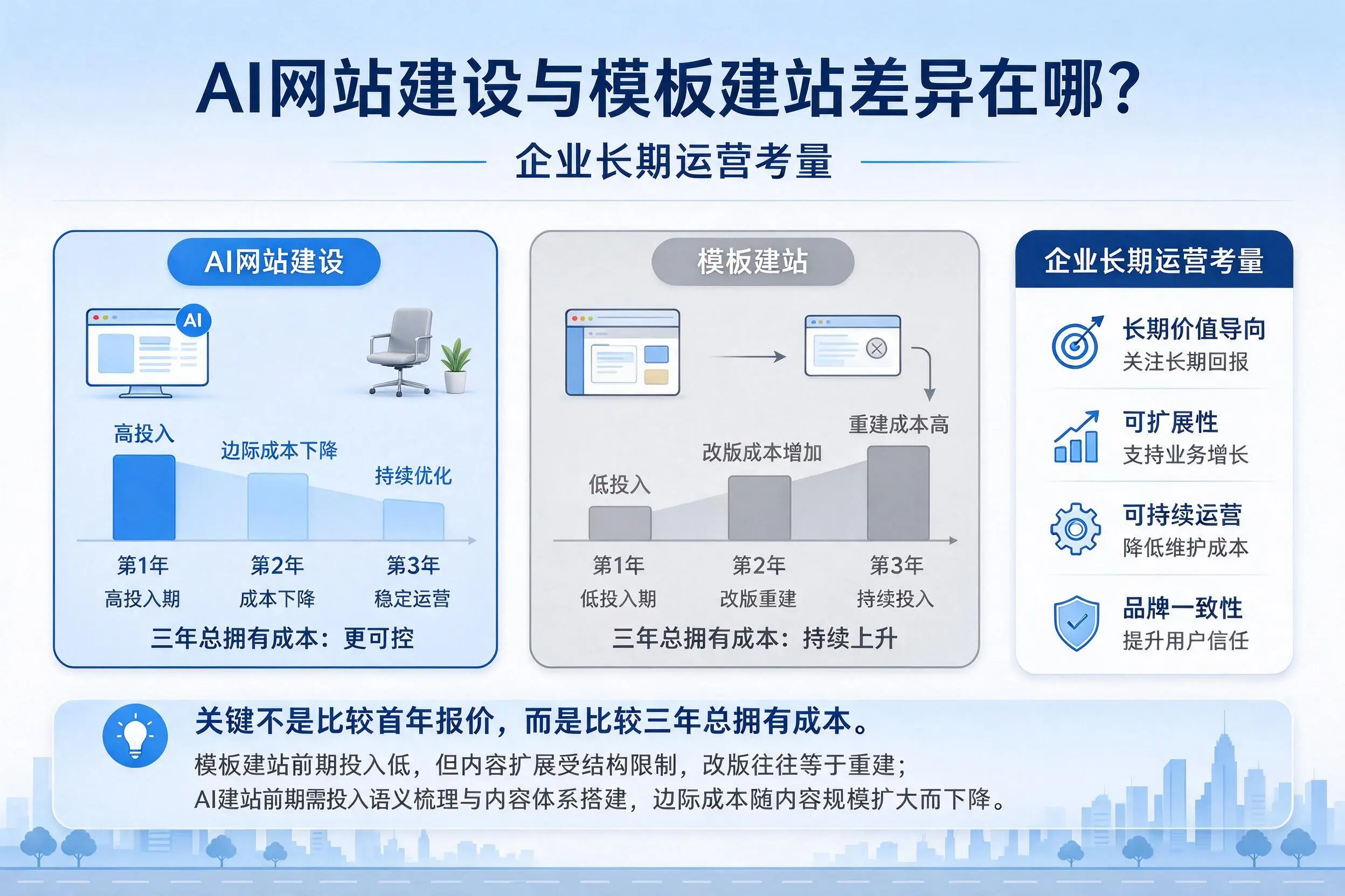 AI网站建设与模板建站差异在哪？林芝企业长期运营考量